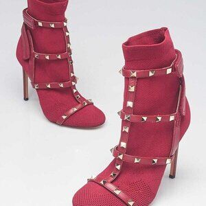 Valentino Burgundy Knit Fabric Rockstud Ankle Boots Size 7.5/38